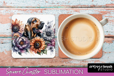 Bloodhound Square Coaster - Dog Mom Floral Coaster Sublimation Sublimation OrangeBrushStudio 