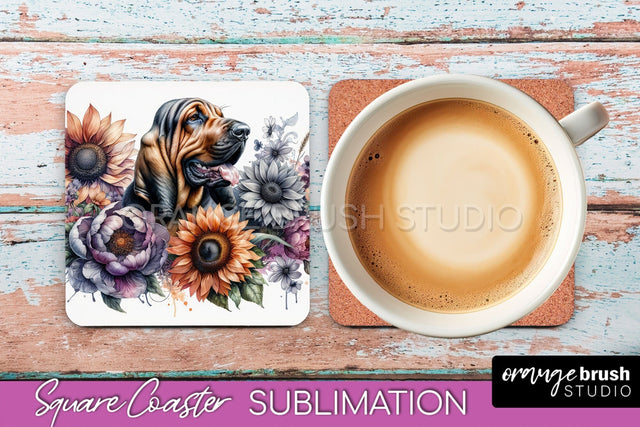Bloodhound Square Coaster - Dog Mom Floral Coaster Sublimation Sublimation OrangeBrushStudio 