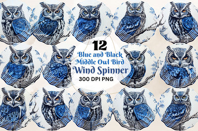 Blue and Black Middle Owl Bird Wind Spinner Bundle Sublimation Regulrcrative 