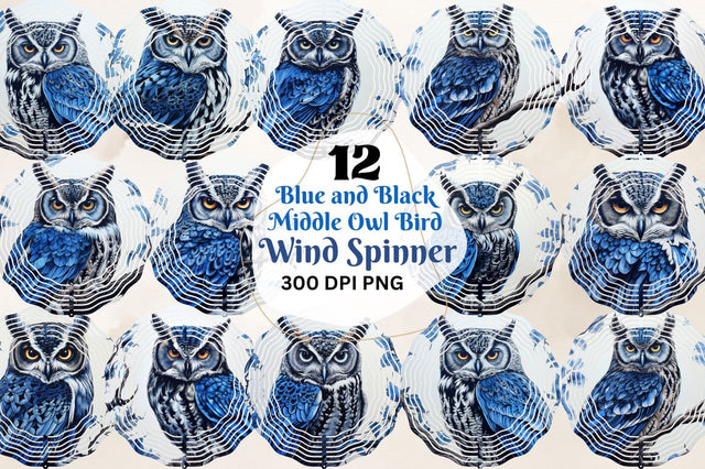 Blue and Black Middle Owl Bird Wind Spinner Bundle Sublimation Regulrcrative 