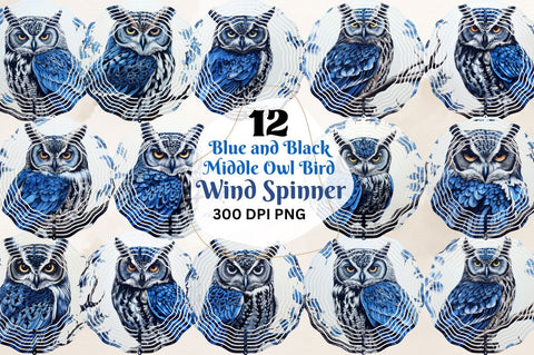 Blue and Black Middle Owl Bird Wind Spinner Bundle Sublimation Regulrcrative 