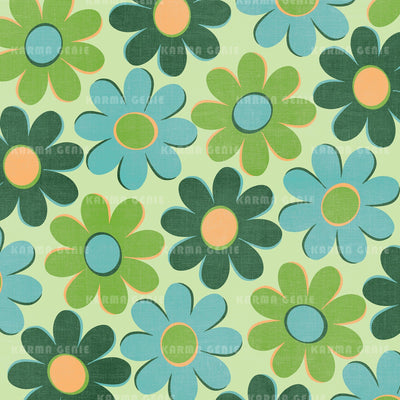 Blue And Green Cloth Textured Retro Daisy Flower Pattern Digital Paper Digital Pattern Karma Genie Graphics 