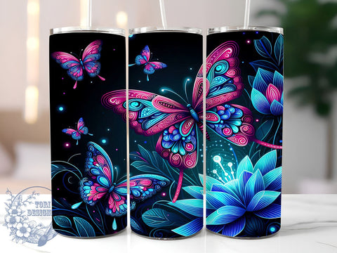 Blue and Pink Glowing Butterflies 20oz Skinny Tumbler PNG, Neon Butterflies Tumbler Wrap, Sublimation Design, Straight & Tapered Tumbler Wrap, Instant Digital Download Sublimation ToriDesigns 