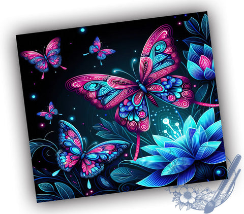 Blue and Pink Glowing Butterflies 20oz Skinny Tumbler PNG, Neon Butterflies Tumbler Wrap, Sublimation Design, Straight & Tapered Tumbler Wrap, Instant Digital Download Sublimation ToriDesigns 