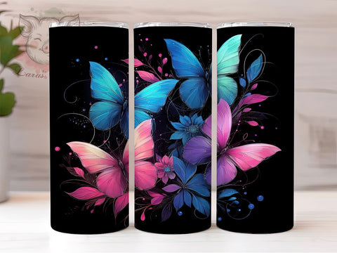Blue and Pink Glowing Butterflies 20oz Tumbler Png, Straight & Tapered Tumbler Png, Butterflies Tumbler Png, Digital Download PNG Sublimation Lara' s Designs 