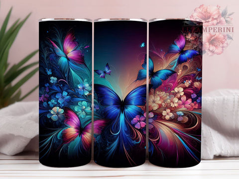 Blue and Pink Glowing Butterflies 20oz Tumbler Wrap PNG, Butterfly Tumbler Png, Straight & Tapered Tumbler Wrap, Instant Digital Download Sublimation Li Zamperini 