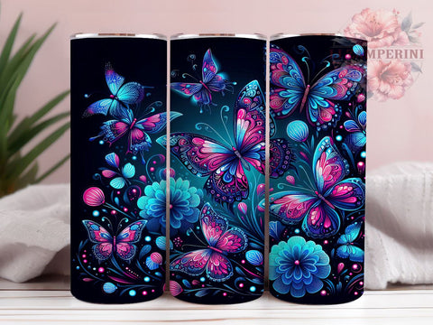Blue and Pink Glowing Butterflies 20oz Tumbler Wrap PNG, Butterfly Tumbler PNG Sublimation Design, Straight & Tapered Tumbler Wrap, Instant Digital Download Sublimation Li Zamperini 