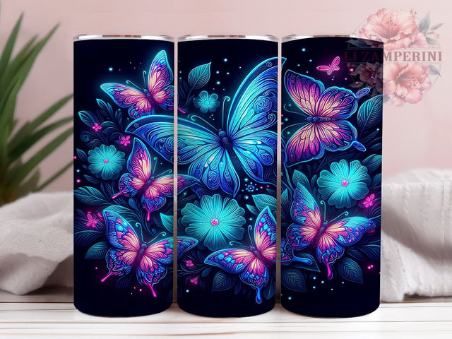 Blue and Pink Glowing Butterflies 20oz Tumbler Wrap PNG, Butterfly Tumbler PNG Sublimation Design, Straight & Tapered Tumbler Wrap, Instant Digital Download Sublimation Li Zamperini 