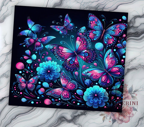 Blue and Pink Glowing Butterflies 20oz Tumbler Wrap PNG, Butterfly Tumbler PNG Sublimation Design, Straight & Tapered Tumbler Wrap, Instant Digital Download Sublimation Li Zamperini 