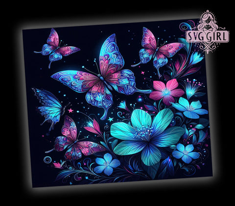 Blue and Pink Glowing Butterflies 20oz Tumbler Wrap Sublimation Design, Straight Tapered Tumbler Wrap, Neon Butterfly Tumbler Png, Instant Digital Download Sublimation SvggirlplusArt 