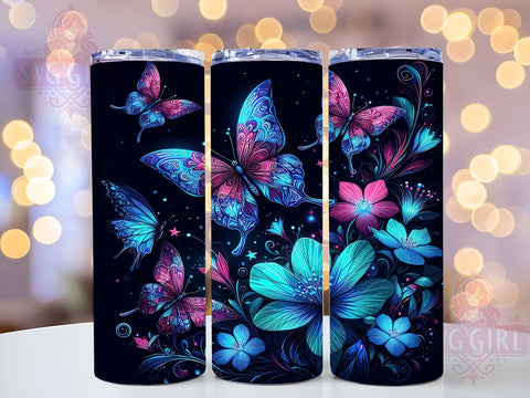 Blue and Pink Glowing Butterflies 20oz Tumbler Wrap Sublimation Design, Straight Tapered Tumbler Wrap, Neon Butterfly Tumbler Png, Instant Digital Download Sublimation SvggirlplusArt 