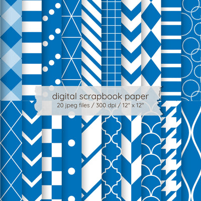 Blue and White Digital Paper Pack | Geometric Scrapbook Paper | 20 Printable Backgrounds | Commercial Use Digital Pattern LKM DigiDesigns 