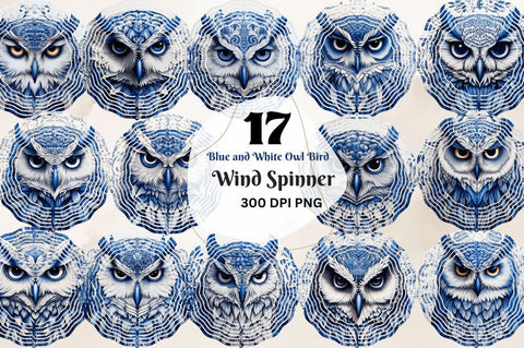 Blue and White Owl Bird Wind Spinner Sublimation Regulrcrative 