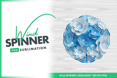 Blue and White Paper Flower Wind Spinner Round Png Design on Wood Grain Background Sublimation Regulrcrative 
