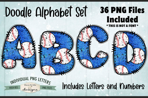 Blue Baseball Doodle Alphabet & Numbers | PNG Files Sublimation Ewe-N-Me Designs 