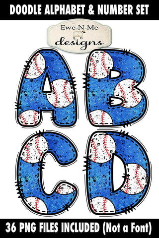 Blue Baseball Doodle Alphabet & Numbers | PNG Files Sublimation Ewe-N-Me Designs 
