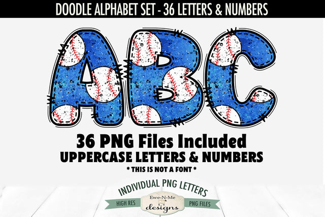 Blue Baseball Doodle Alphabet & Numbers | PNG Files Sublimation Ewe-N-Me Designs 