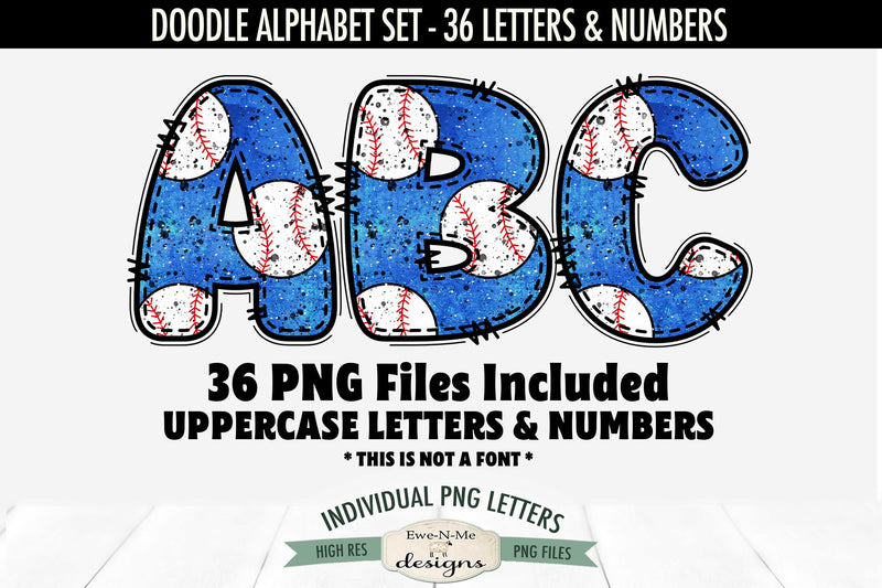 Blue Baseball Doodle Alphabet & Numbers | PNG Files Sublimation Ewe-N-Me Designs 