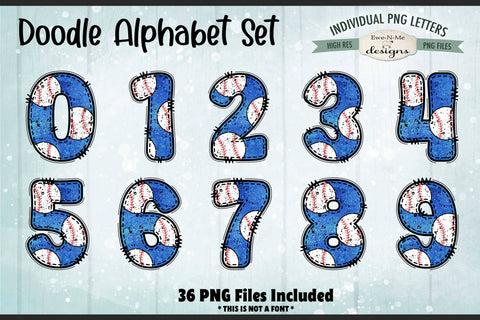 Blue Baseball Doodle Alphabet & Numbers | PNG Files Sublimation Ewe-N-Me Designs 