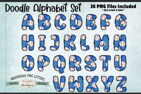 Blue Baseball Doodle Alphabet & Numbers | PNG Files Sublimation Ewe-N-Me Designs 