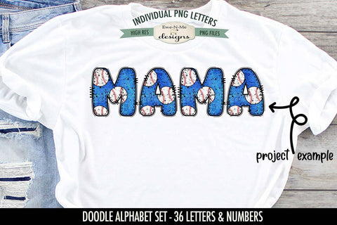 Blue Baseball Doodle Alphabet & Numbers | PNG Files Sublimation Ewe-N-Me Designs 