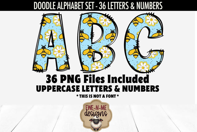 Blue Bees Doodle Alphabet Numbers | Bees Flowers PNG Files Sublimation Ewe-N-Me Designs 