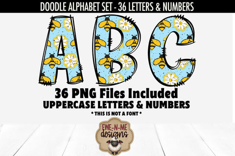 Blue Bees Doodle Alphabet Numbers | Bees Flowers PNG Files Sublimation Ewe-N-Me Designs 