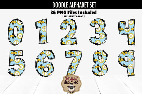 Blue Bees Doodle Alphabet Numbers | Bees Flowers PNG Files Sublimation Ewe-N-Me Designs 