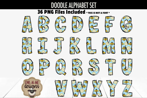 Blue Bees Doodle Alphabet Numbers | Bees Flowers PNG Files Sublimation Ewe-N-Me Designs 