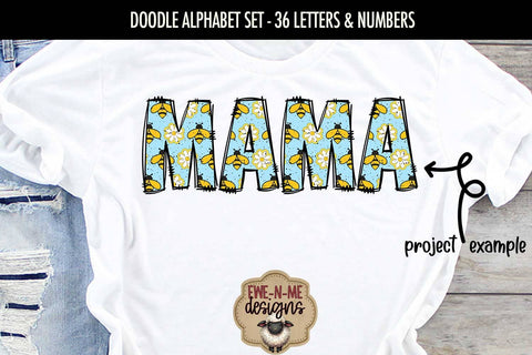 Blue Bees Doodle Alphabet Numbers | Bees Flowers PNG Files Sublimation Ewe-N-Me Designs 