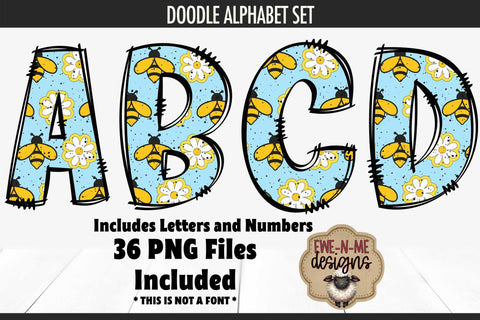 Blue Bees Doodle Alphabet Numbers | Bees Flowers PNG Files Sublimation Ewe-N-Me Designs 