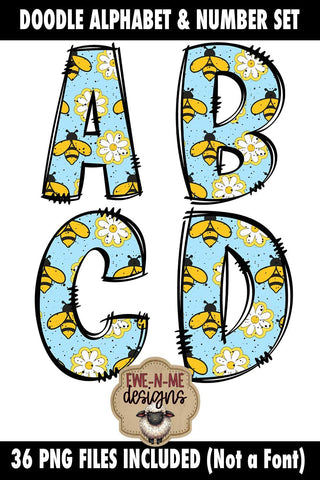 Blue Bees Doodle Alphabet Numbers | Bees Flowers PNG Files Sublimation Ewe-N-Me Designs 