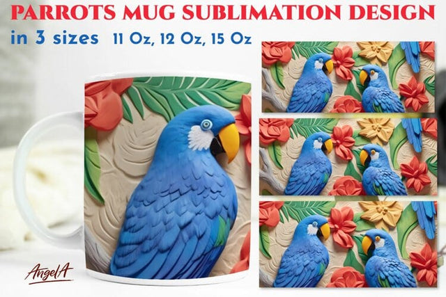 Blue bird parrots with exotic flowers 3d mug sublimation png Sublimation Angelina Semenova 