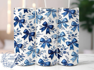Blue Bow Floral 20oz Tumbler Wrap, Blue Bow, Floral Theme, Elegant Design, Whimsical Charm, Rustic Style, Skinny Tumbler, Sublimation PNG Sublimation ToriDesigns 