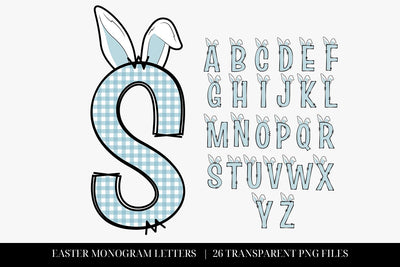 Blue Bunny Ears Letters PNG, Easter Gingham Doodle Alphabet Sublimation BijouBay 