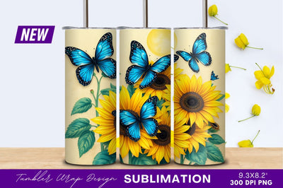 Blue Butterflies Flying Above Bright Sunflowers Sublimation Regulrcrative 