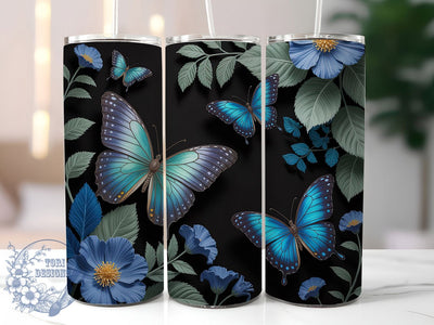 Blue Butterfly Botanical 20oz Tumbler, Dark Botanical Cup Wrap, Elegant Floral Design, Sublimation Tumbler Wrap, 20Oz Tumbler Design, Artistic Butterfly Cup, Stylish Botanical Wrap Sublimation ToriDesigns 