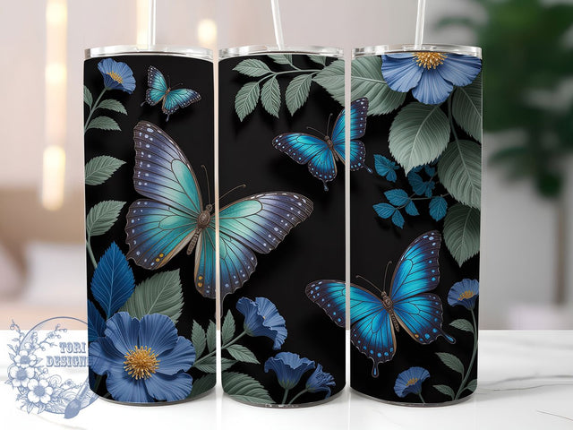 Blue Butterfly Botanical 20oz Tumbler, Dark Botanical Cup Wrap, Elegant Floral Design, Sublimation Tumbler Wrap, 20Oz Tumbler Design, Artistic Butterfly Cup, Stylish Botanical Wrap Sublimation ToriDesigns 