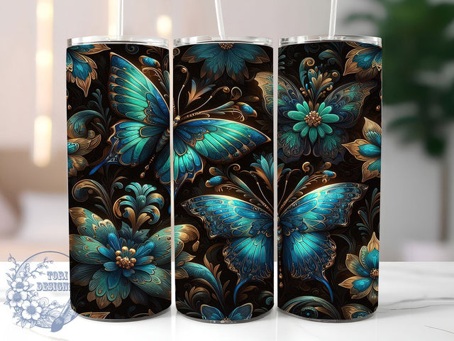 Blue Butterfly Botanical 20oz Tumbler, Dark Botanical Cup Wrap, Elegant Floral Design, Sublimation Tumbler Wrap, 20Oz Tumbler Design, Artistic Butterfly Cup, Stylish Botanical Wrap Sublimation ToriDesigns 