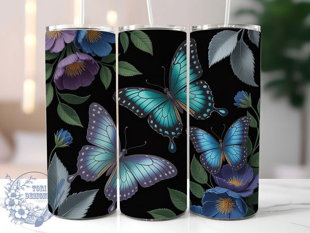 Blue Butterfly Botanical 20oz Tumbler, Dark Botanical Cup Wrap, Elegant Floral Design, Sublimation Tumbler Wrap, 20Oz Tumbler Design, Artistic Butterfly Cup, Stylish Botanical Wrap Sublimation ToriDesigns 