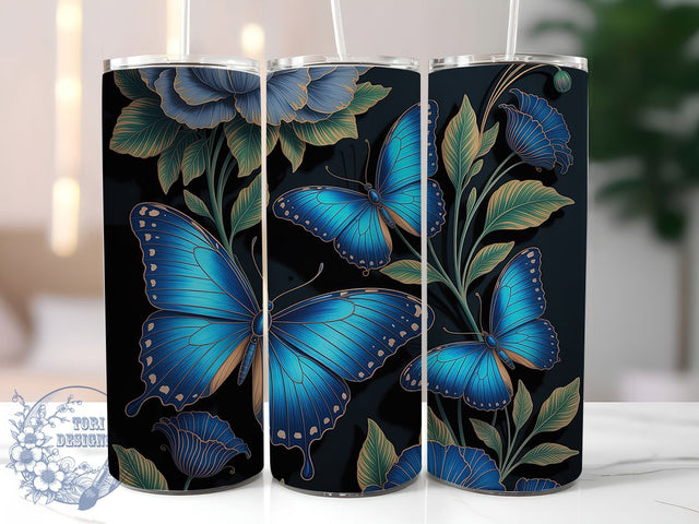 Blue Butterfly Botanical 20oz Tumbler, Dark Botanical Cup Wrap, Elegant Floral Design, Sublimation Tumbler Wrap, 20Oz Tumbler Design, Artistic Butterfly Cup, Stylish Botanical Wrap Sublimation ToriDesigns 
