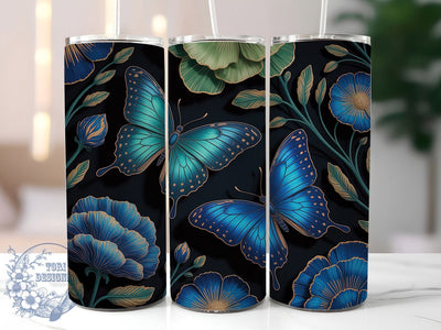 Blue Butterfly Botanical 20oz Tumbler, Dark Botanical Cup Wrap, Elegant Floral Design, Sublimation Tumbler Wrap, 20Oz Tumbler Design, Artistic Butterfly Cup, Stylish Botanical Wrap Sublimation ToriDesigns 