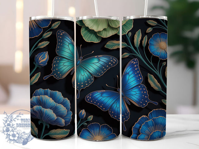 Blue Butterfly Botanical 20oz Tumbler, Dark Botanical Cup Wrap, Elegant Floral Design, Sublimation Tumbler Wrap, 20Oz Tumbler Design, Artistic Butterfly Cup, Stylish Botanical Wrap Sublimation ToriDesigns 