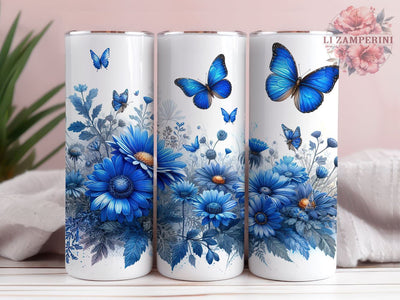 Blue Butterfly floral 20 oz Skinny Tumbler, Butterfly floral, Instant Digital Download PNG, Straight & Tapered Tumbler Wrap PNG Sublimation Li Zamperini 