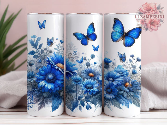 Blue Butterfly floral 20 oz Skinny Tumbler, Butterfly floral, Instant Digital Download PNG, Straight & Tapered Tumbler Wrap PNG Sublimation Li Zamperini 