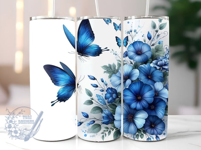 Blue Butterfly Floral 20 oz Skinny Tumbler Sublimation Design, Floral Tumbler Wrap, 20oz Tumbler Wrap, Tumbler Butterflies 20 oz Skinny Tumbler Sublimation ToriDesigns 