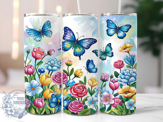 Blue Butterfly Floral 20oz Tumbler, Butterfly Floral Wrap, 20Oz Floral Drinkware, Floral Butterfly Cup, Sublimation Butterfly Design, Spring Floral Gift, Blue Garden Drinkware Sublimation ToriDesigns 