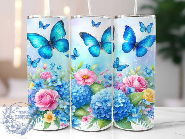 Blue Butterfly Floral 20oz Tumbler, Butterfly Floral Wrap, 20Oz Floral Drinkware, Floral Butterfly Cup, Sublimation Butterfly Design, Spring Floral Gift, Blue Garden Drinkware Sublimation ToriDesigns 