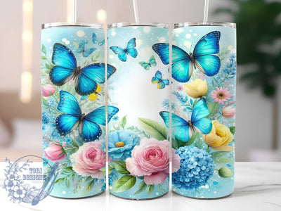 Blue Butterfly Floral 20oz Tumbler, Butterfly Floral Wrap, 20Oz Floral Drinkware, Floral Butterfly Cup, Sublimation Butterfly Design, Spring Floral Gift, Blue Garden Drinkware Sublimation ToriDesigns 