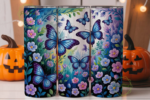 Blue Butterfly Floral 20oz Tumbler Wrap Sublimation PixelChick 